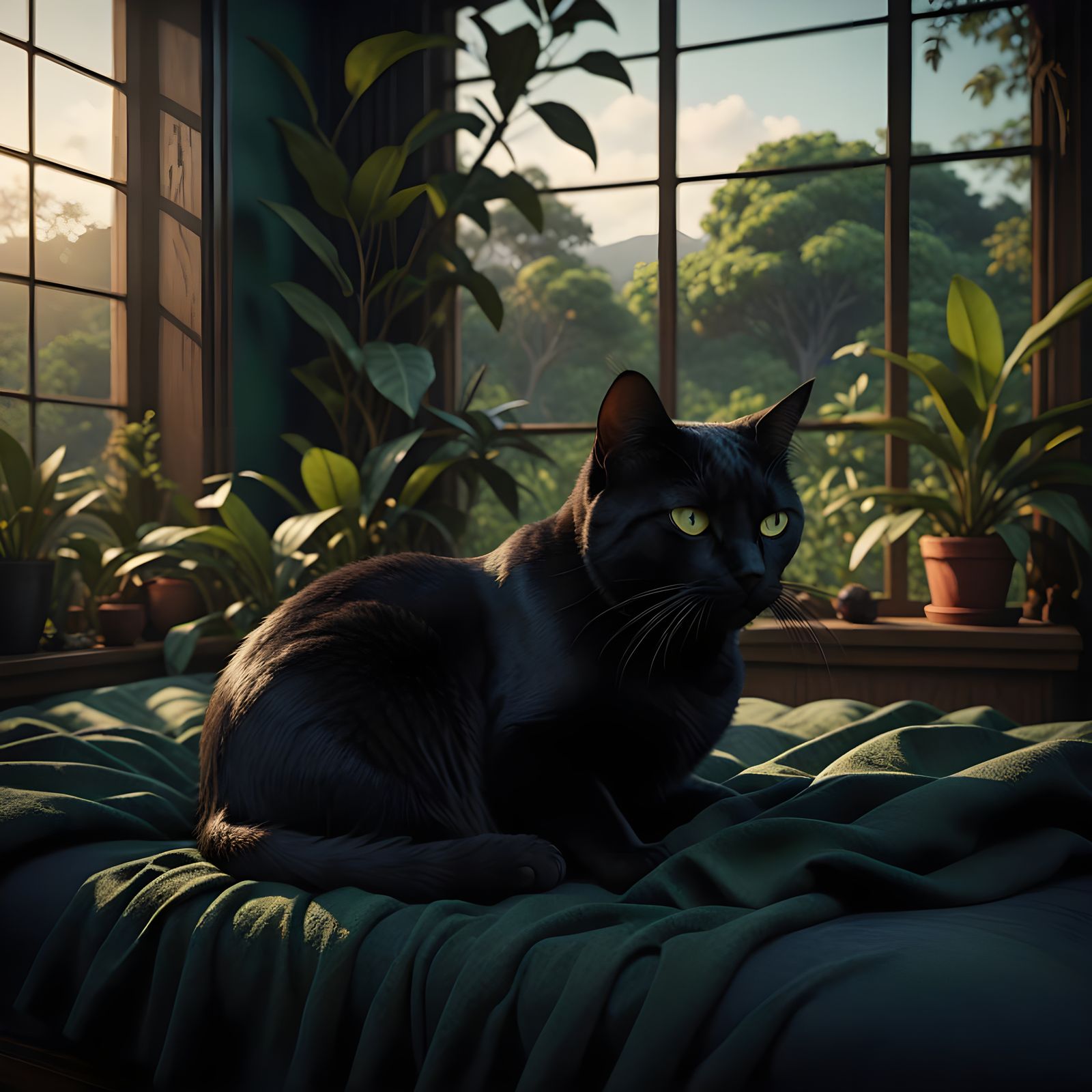 Realistic Black Cat Sleeping on Navy Blue Bed in Dark Green ...