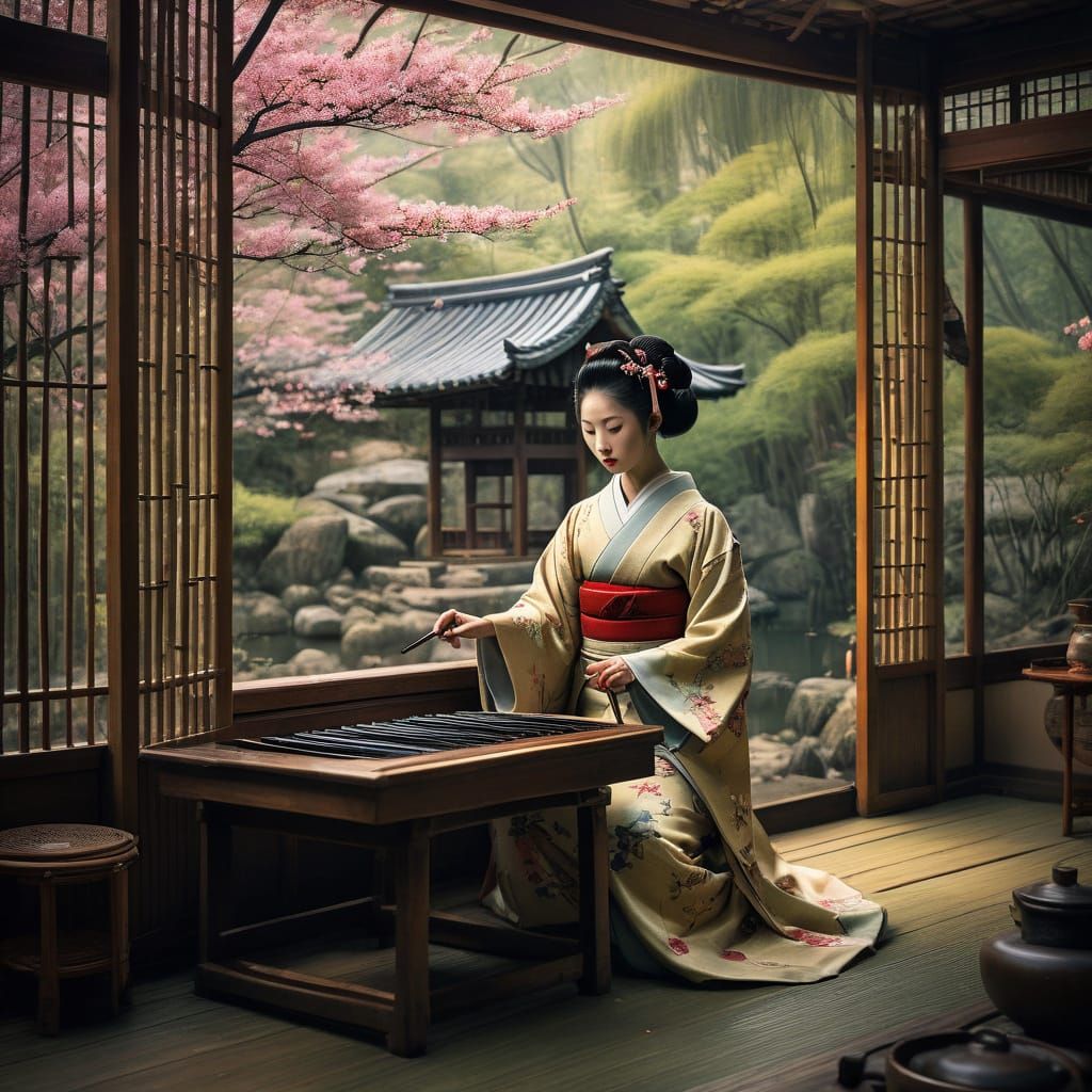 Geisha in Bamboo Forest: An Impressionist Oil Painting
