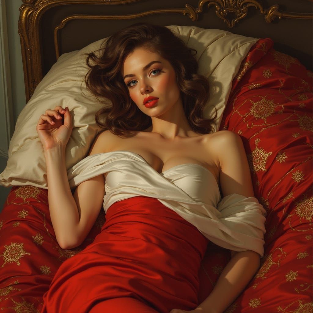 Russian Beauty in Red Holiday Attire in a Festive Setting