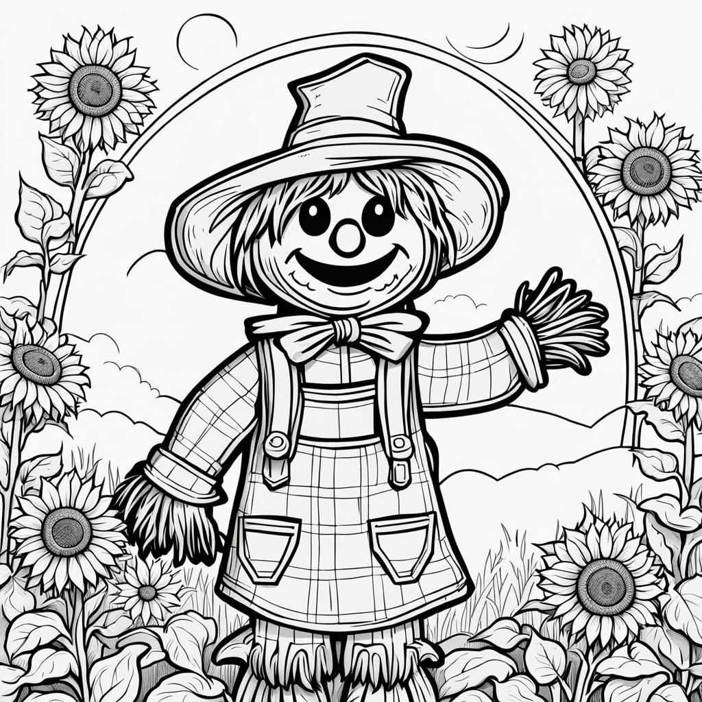 Cartoon Scarecrow and Sunflower Line Art