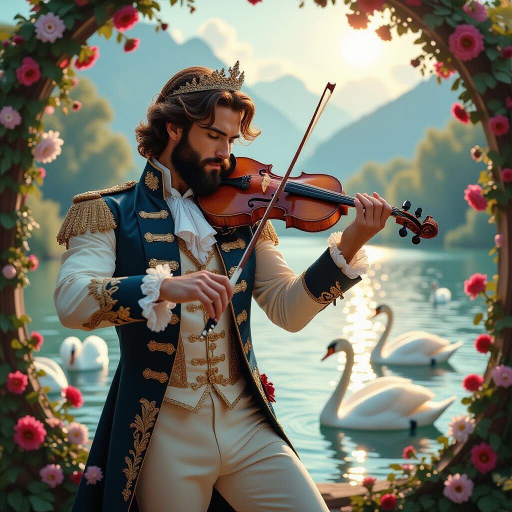 Ballet Dancer With Beard Plays Violin Amidst Swans