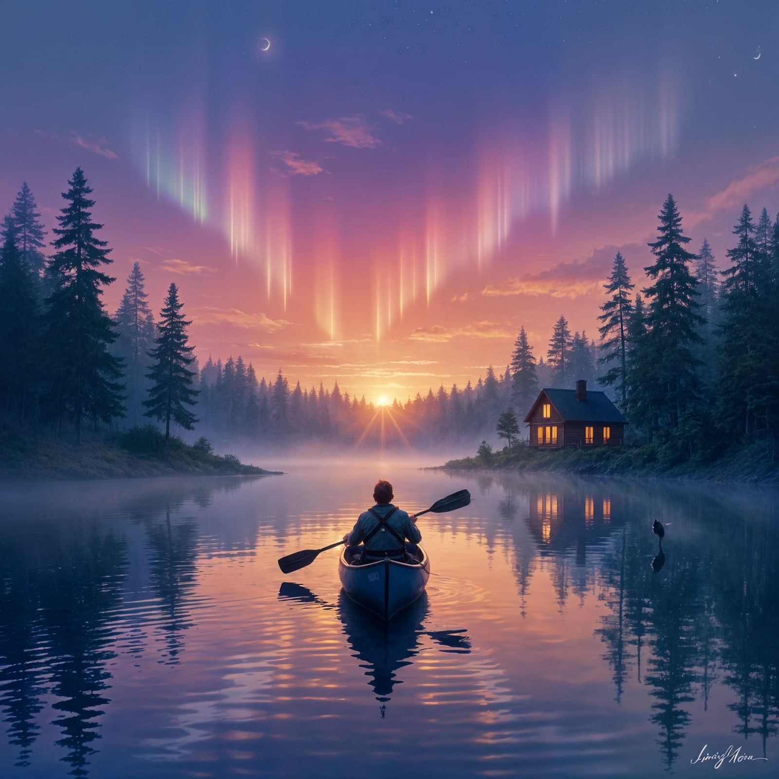 Serene Canoeist on Misty Lake at Sunset, Impressionist Style