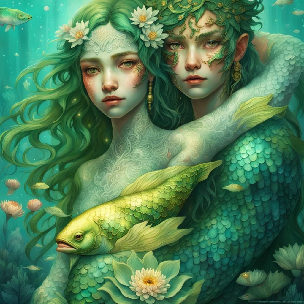 Ornate Mermaid and Merman Embrace in Lotus Pond