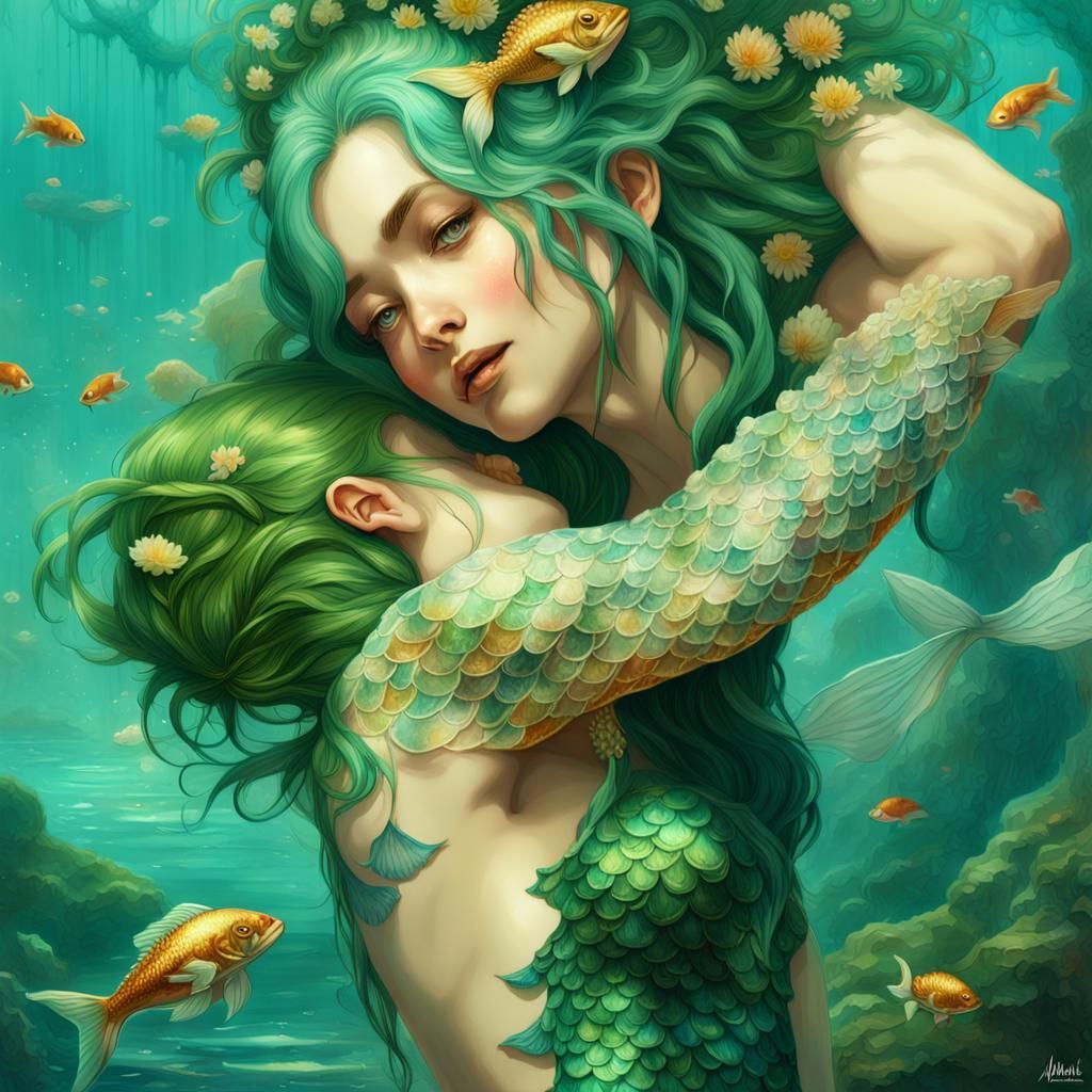 Mermaid and Merman Embrace in Ornate Digital Painting