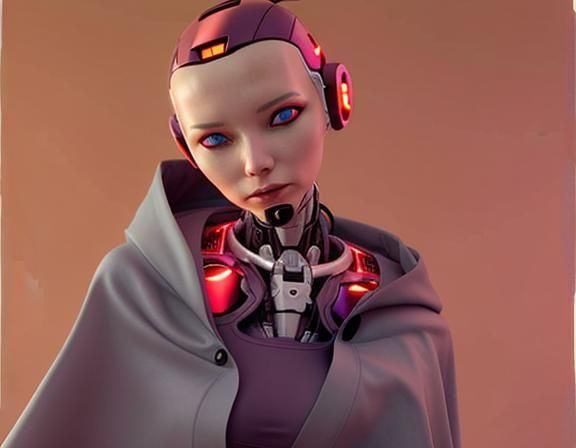 Robopunk Gynoid in Cloak: Hyperdetailed Realism
