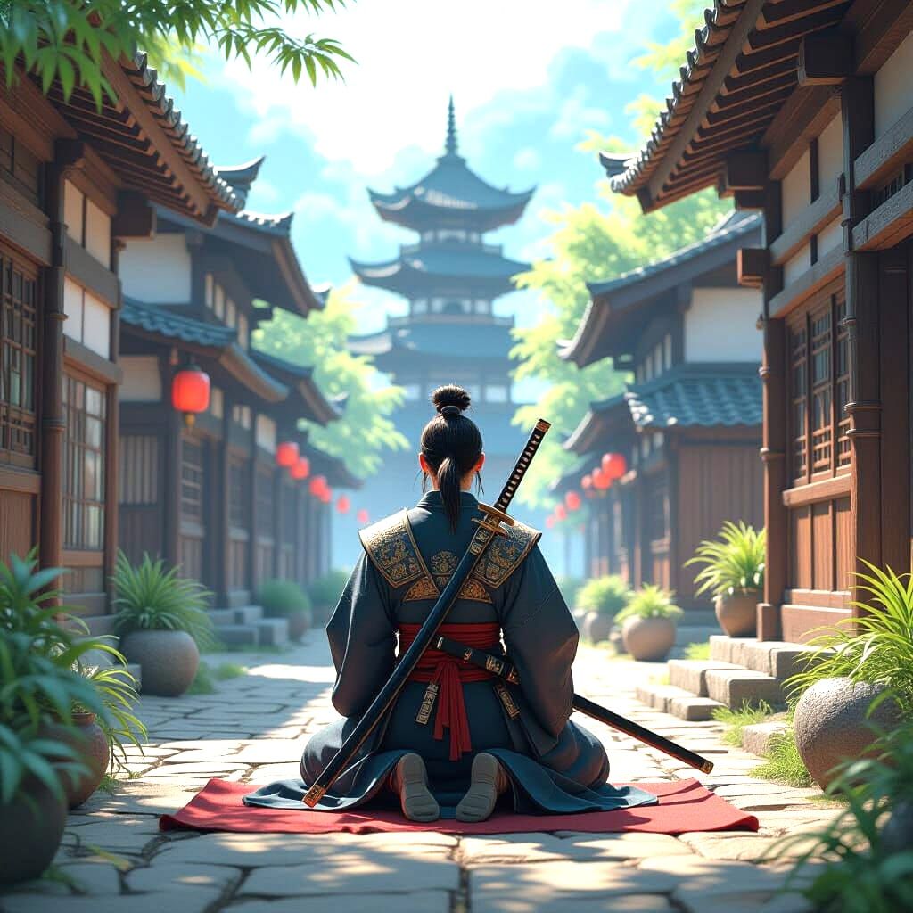 Last Samurai Prays Before Mother in Detailed Anime Art