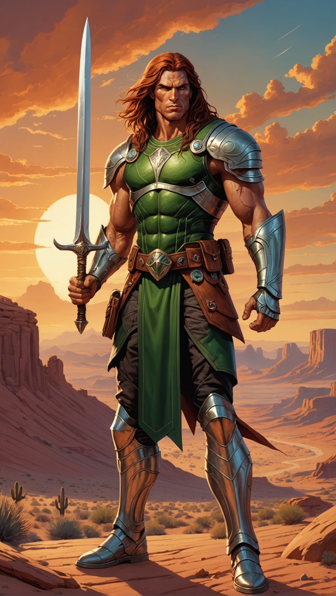 Sci-Fi Fantasy Warrior God in Desert Sunset