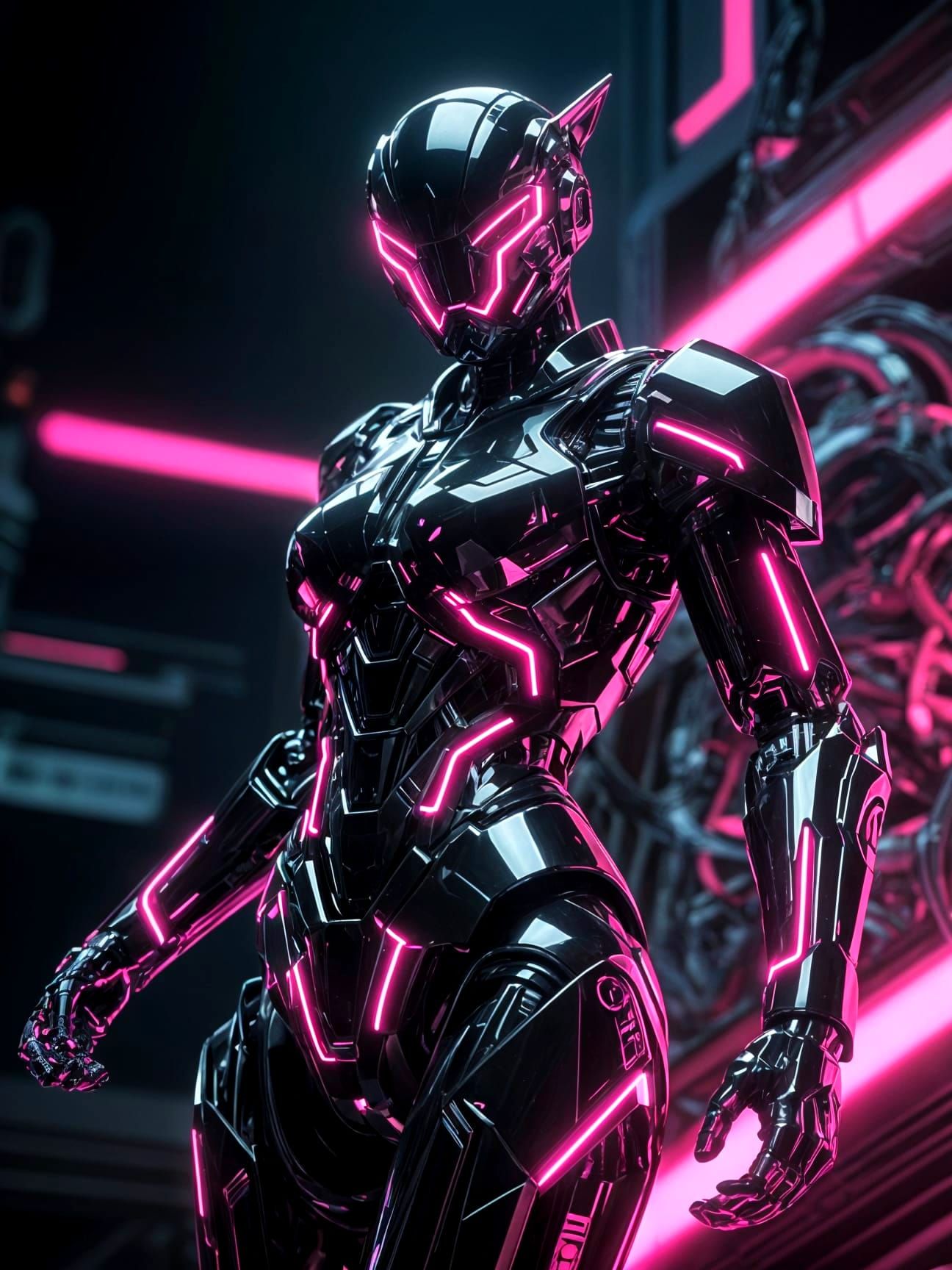 Cyber Mecha Warrior in Black and Neon Pink
