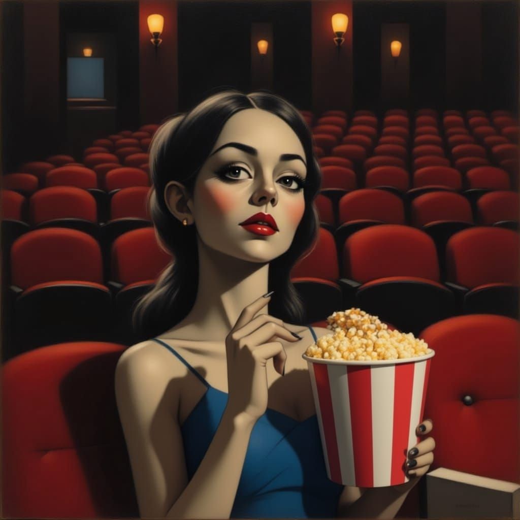 Woman Enjoys Popcorn at the Cinema