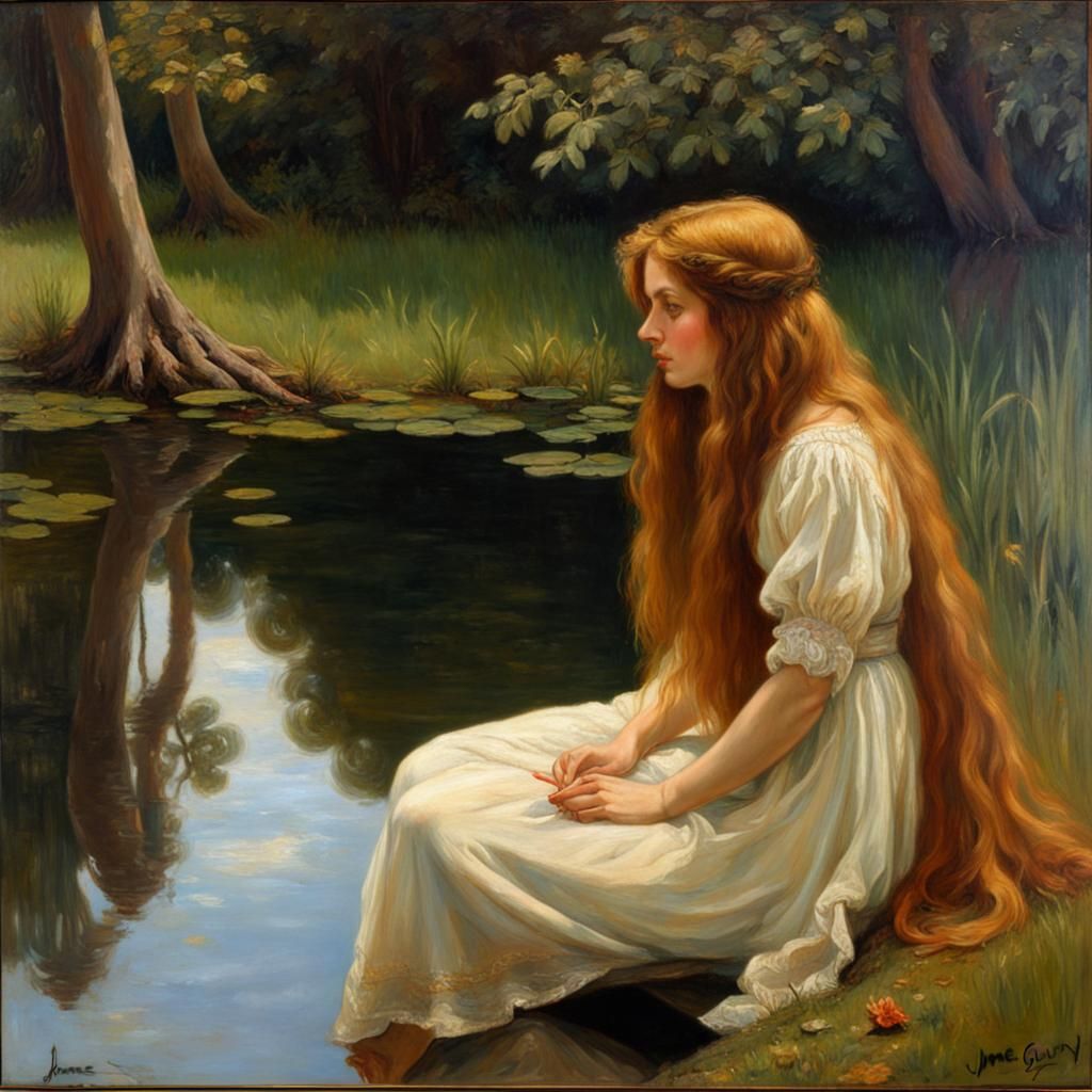Pre-Raphaelite Lady Reflecting in a Pond