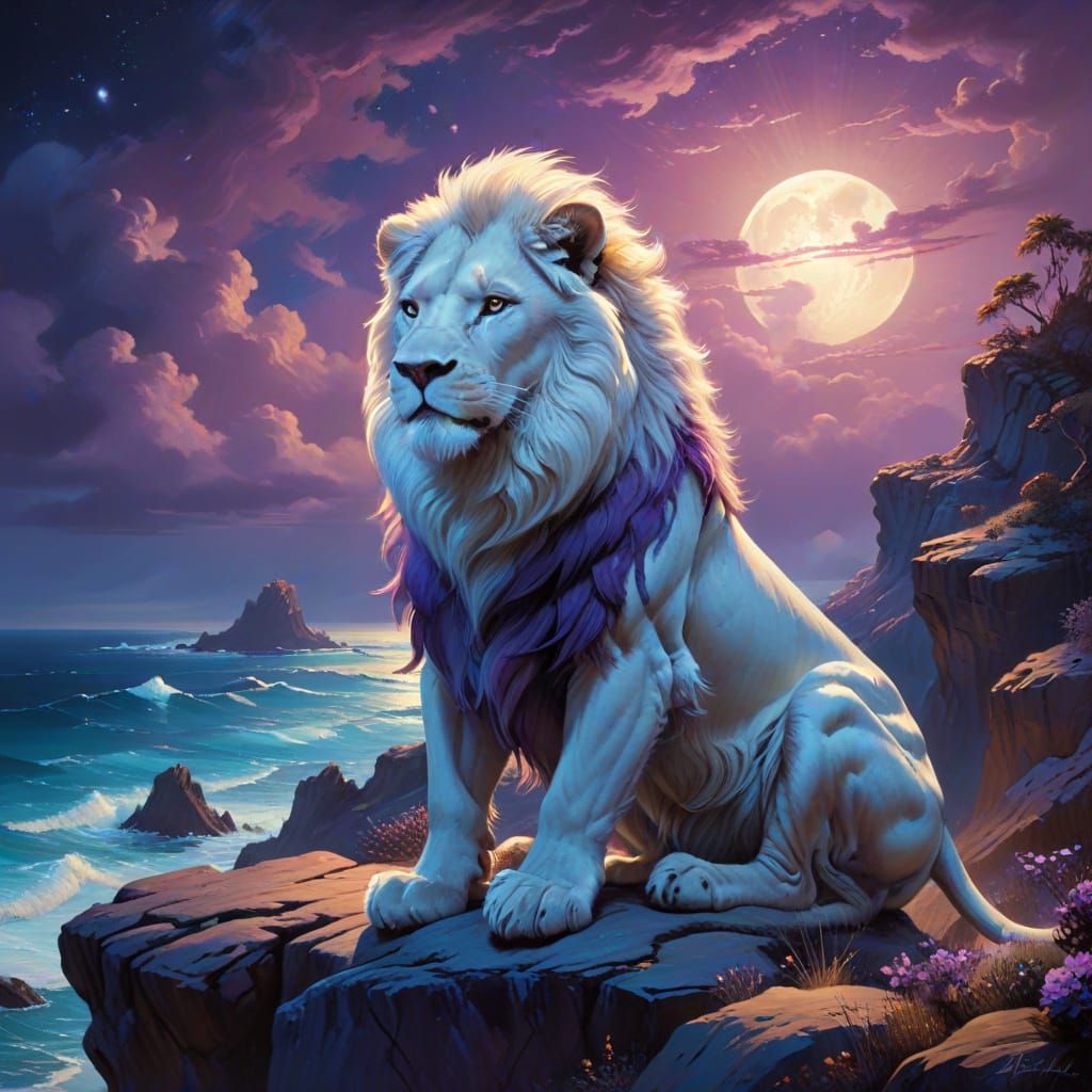 White Lion Overlooking Moonlit Ocean in Fantasy Style