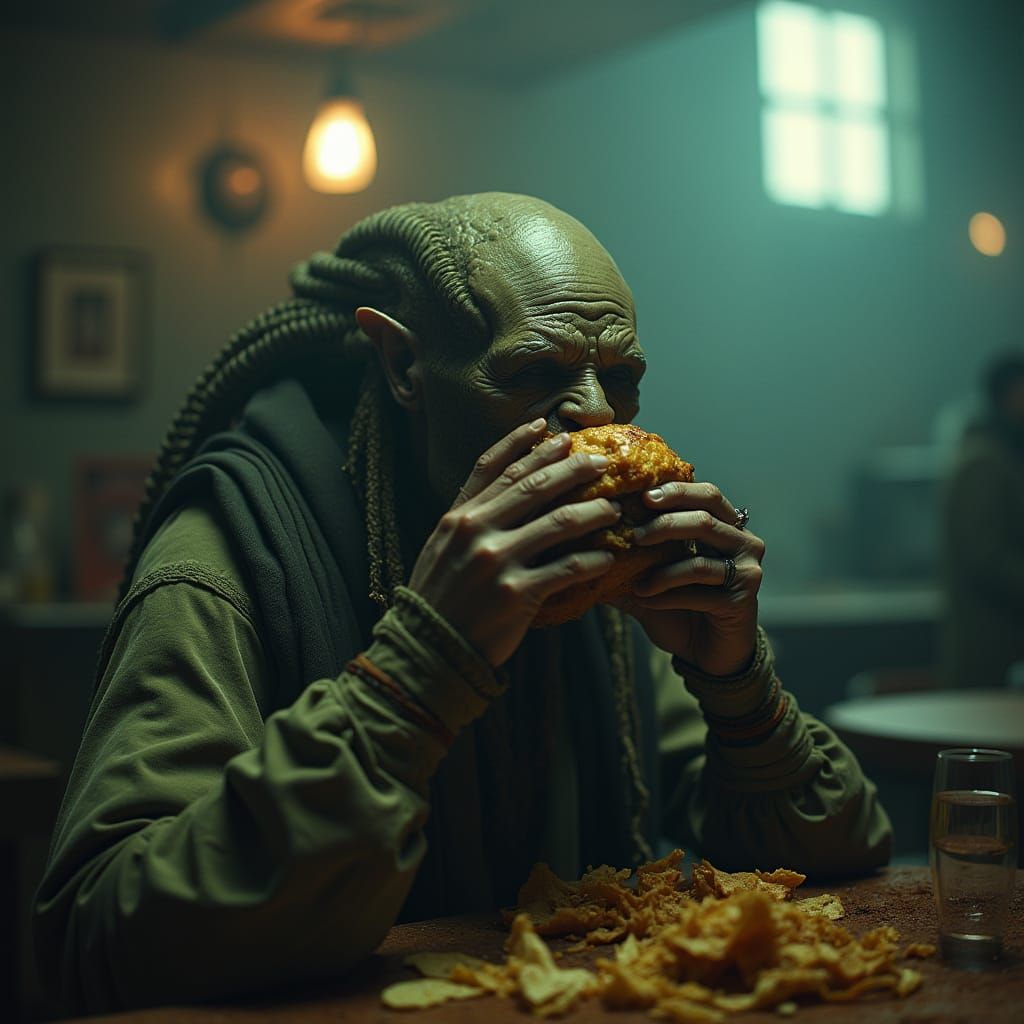 Alien Hobo Devouring Burger: Cinematic Film Still