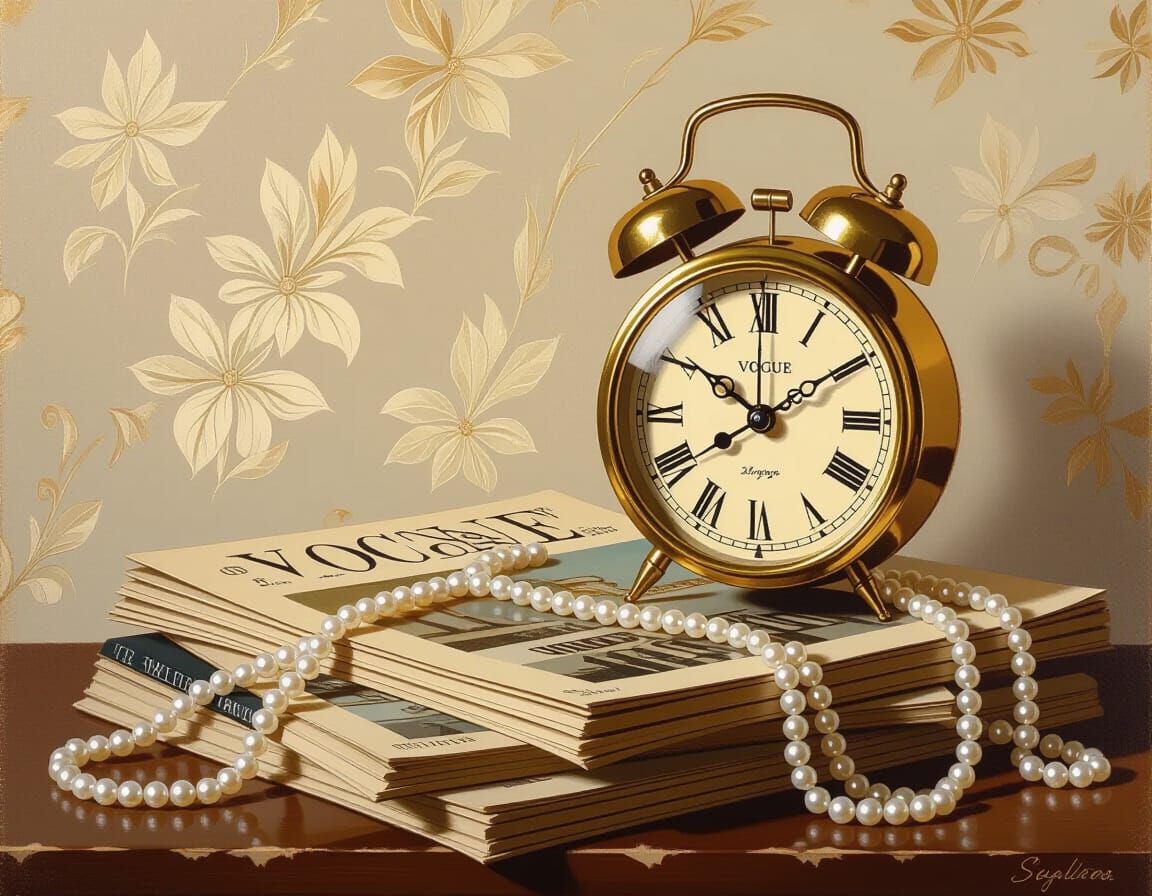Retro Oil Painting of Vintage Clock and Pearls on Magazines