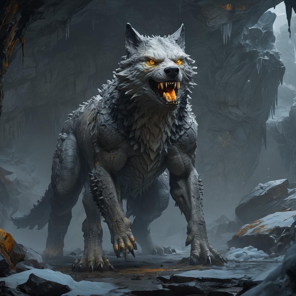 Kroko-Schneewolf Hybrid in Icy Cave, Dark Fantasy Art