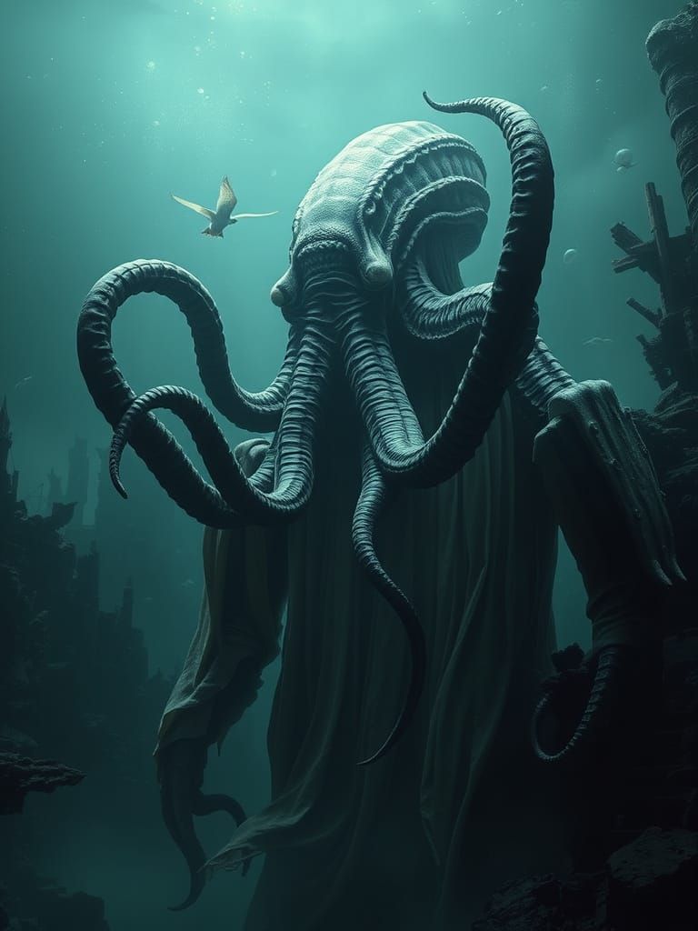Cthulhu Rises from Underwater City in Dark Fantasy Style