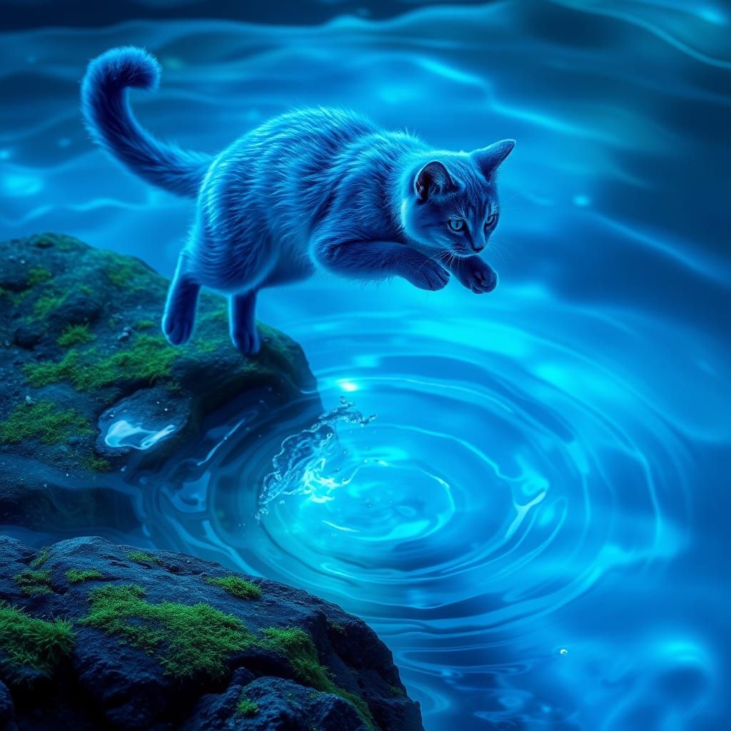 Blue Bio-Luminescent Cat Diving into Iridescent Pool