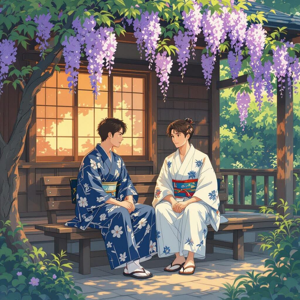 Gay Couple in Japanese Summer Attire with Wisteria
