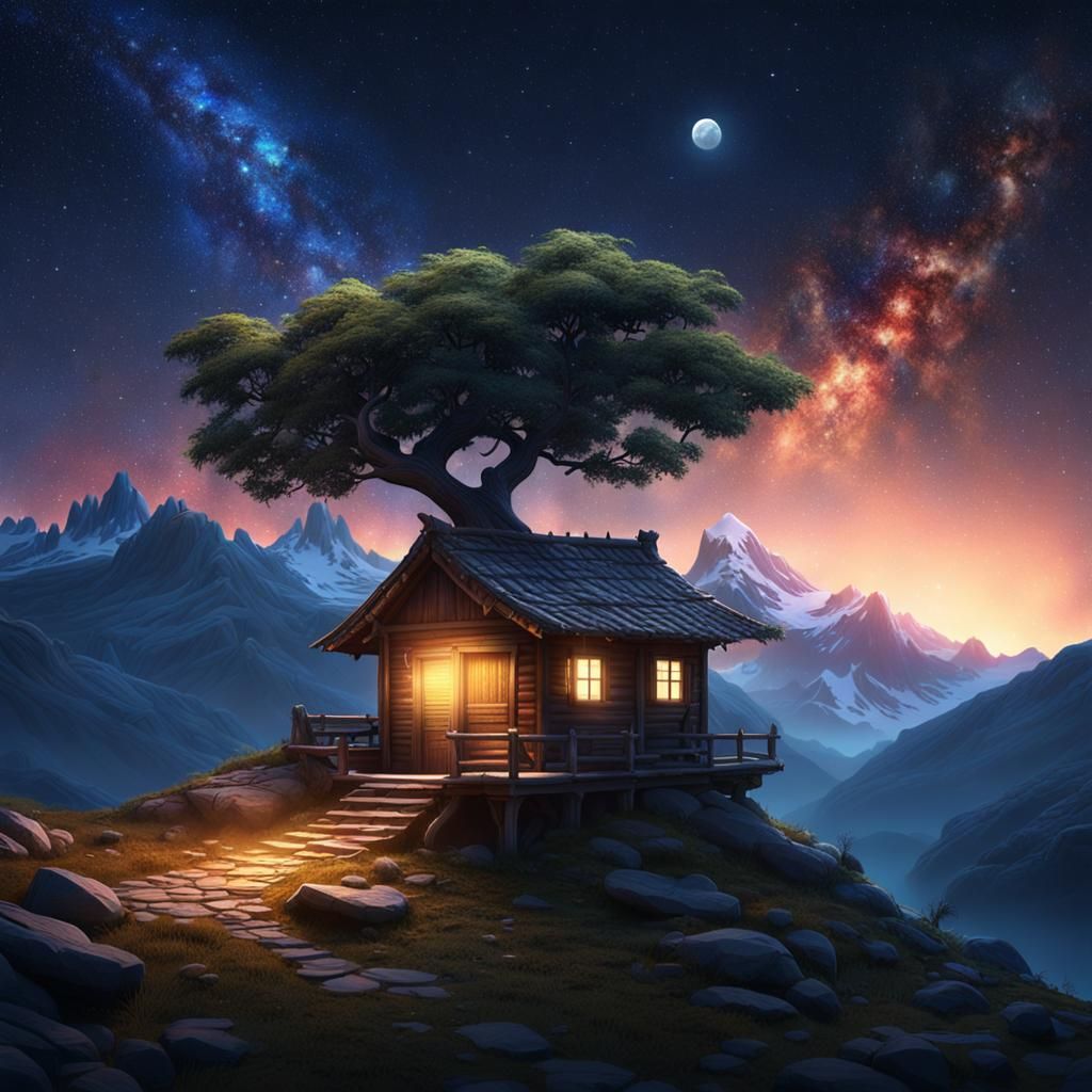 Majestic Mountain Hut Under Starry Night Sky