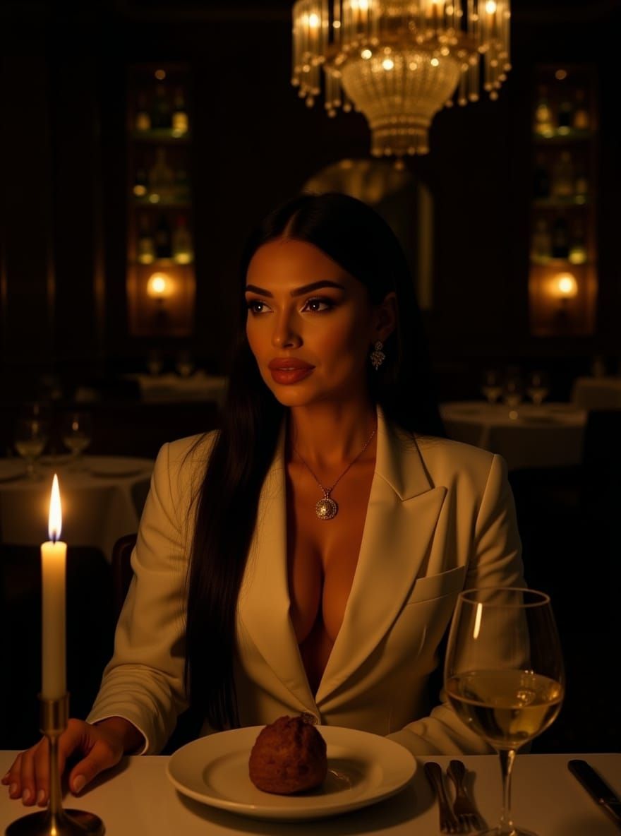 Elegant Woman in Dim Restaurant with Pastry