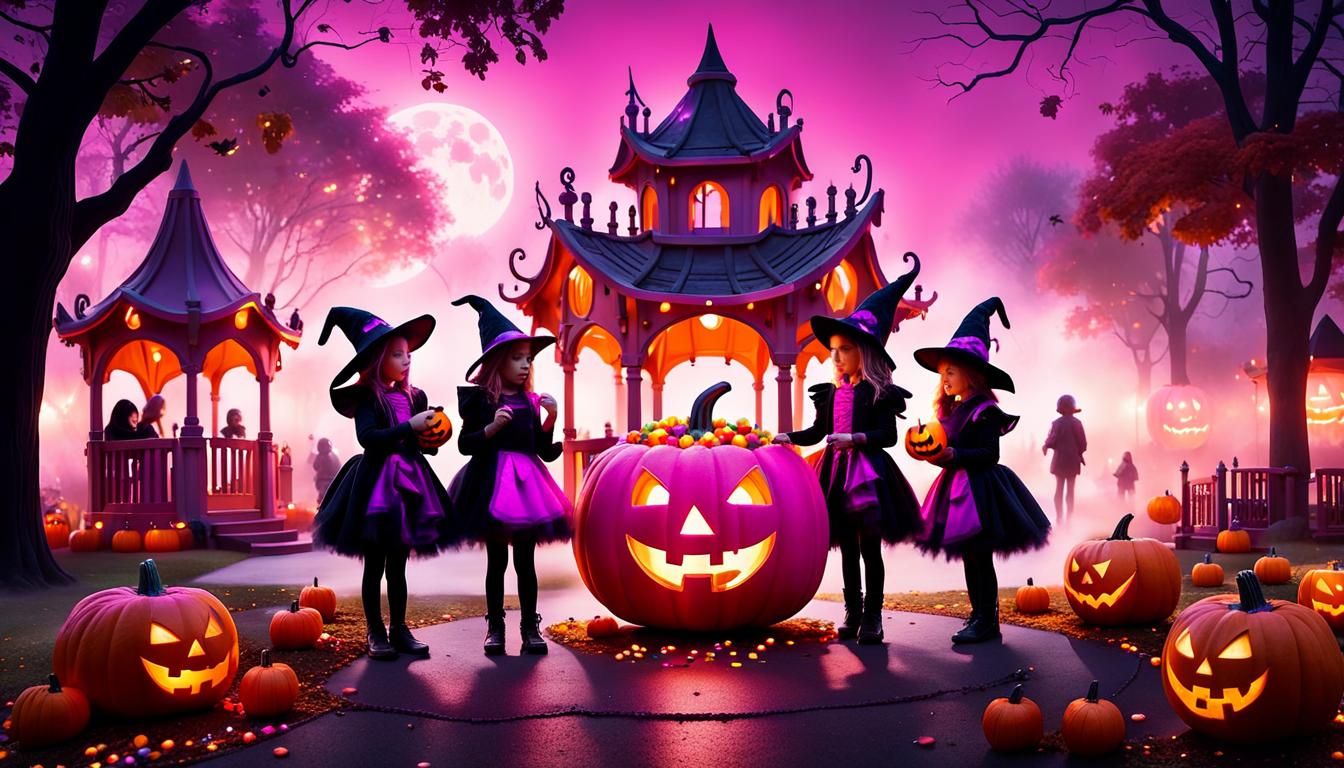 Magical Halloween Night: Kids and Candy Pumpkin