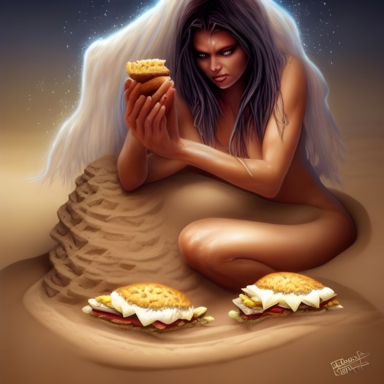 Sand witch eating a sandwich