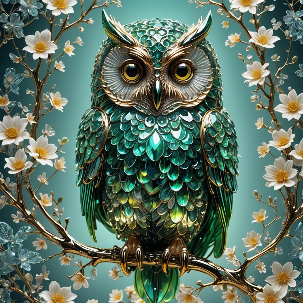 Bioluminescent Crystal Owl Sculpture: Digital Fantasy Artwor...