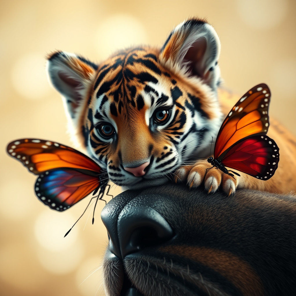 Hyperrealistic 3D Tiger Cub with Butterfly and Bokeh