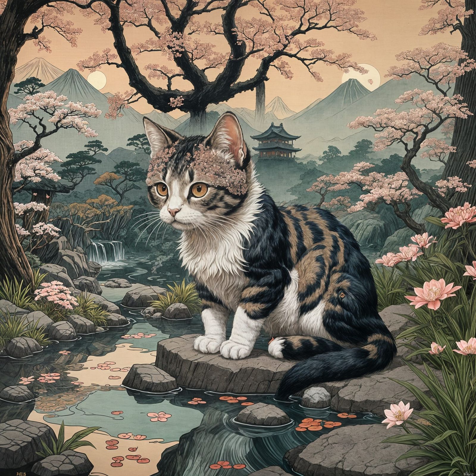 Kitten God in Zen Garden: Ukiyo-e Watercolor