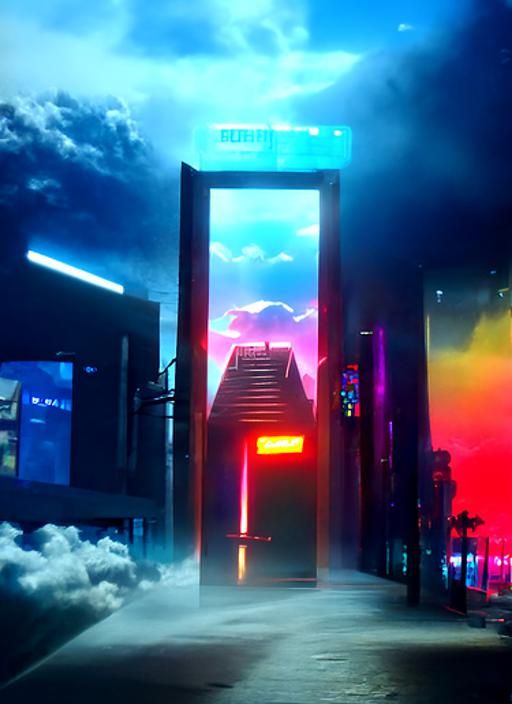 Cyberpunk Entrance to Paradise: Neon Synthwave Heaven
