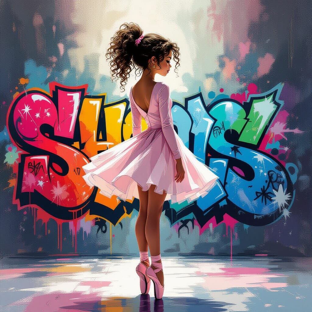 Ballerina on Graffiti Stage, Polychromatic Art Style