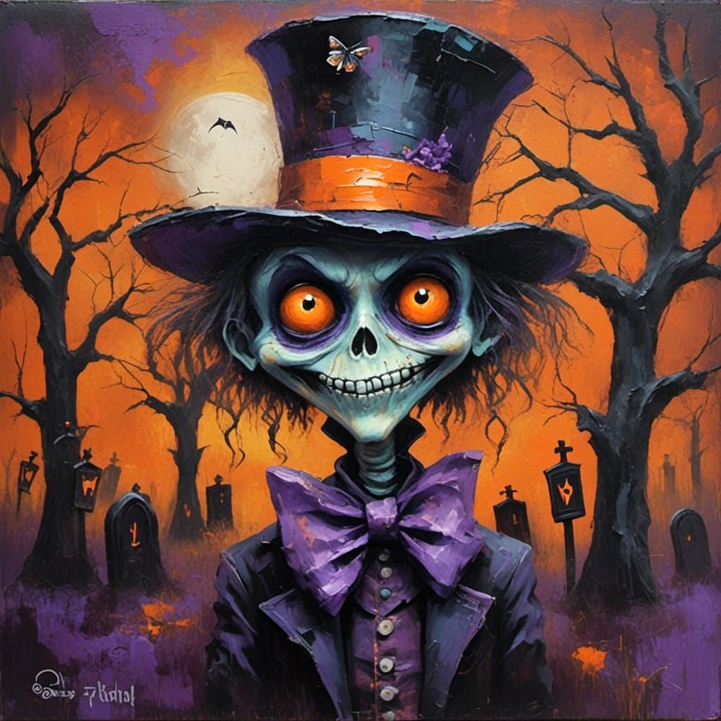 Surreal Zombie Hatter in Halloween Cemetery