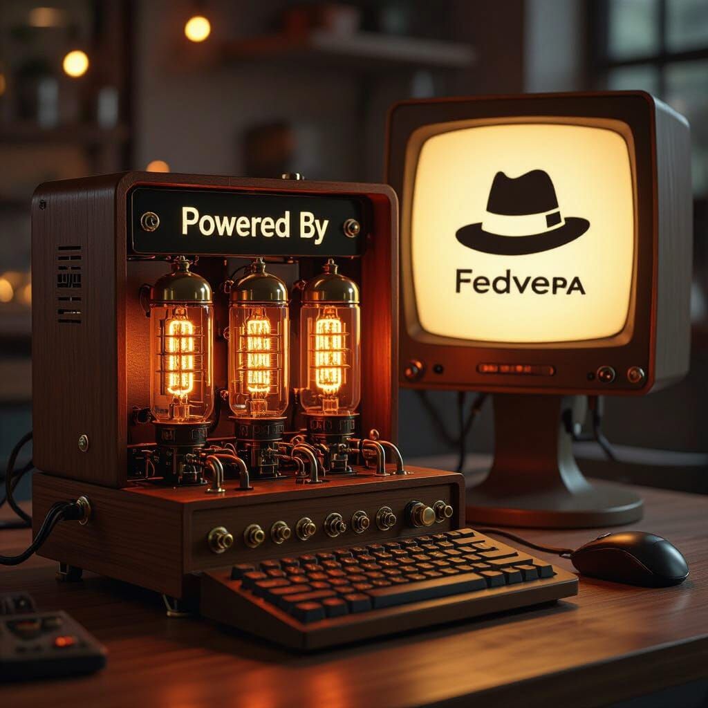 Retro Computer Powered by Fedora Logo in Syd Mead Style