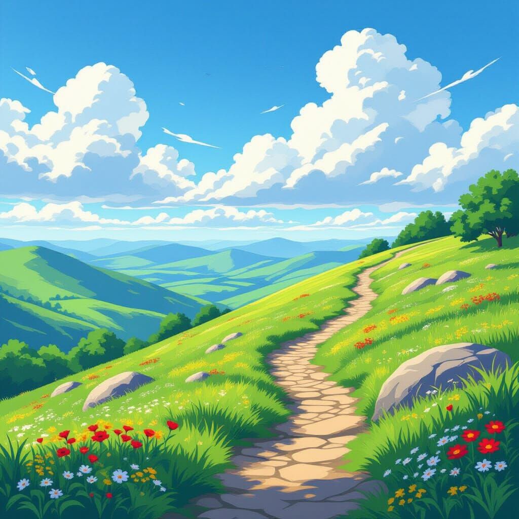 Serene Mountain Trail Amidst Vivid Hills and Dreamlike Sky
