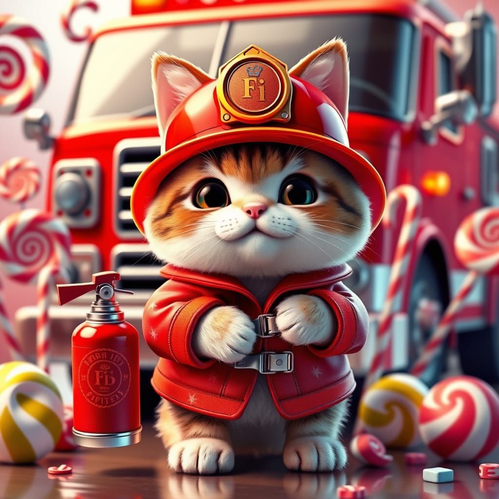 Whimsical Fire Cat in Bright Red Gear