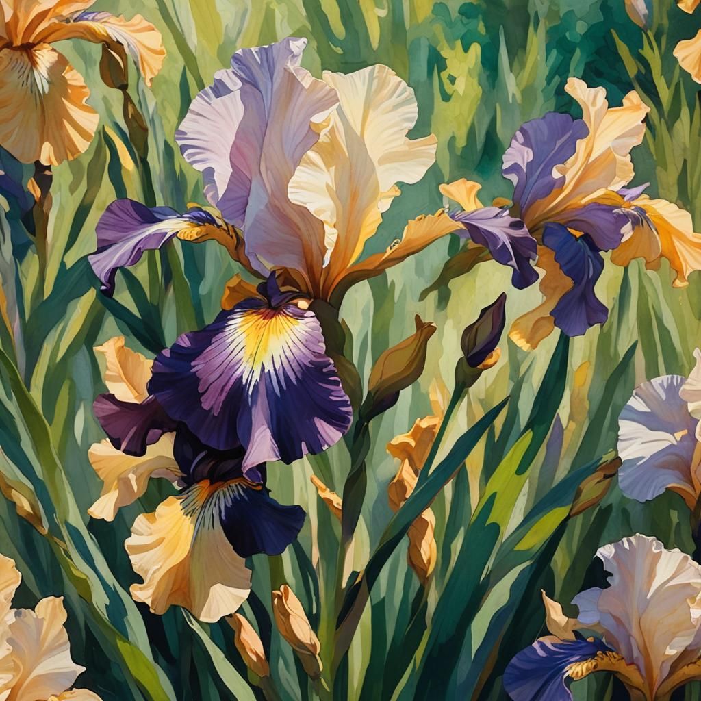 Floral Still Life: Multicolored Iris in Impressionist Style