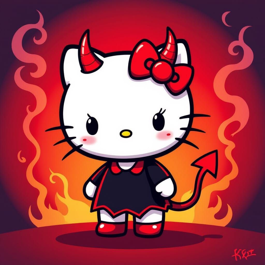 Hello Kitty as a Devil in Retro Anime Style