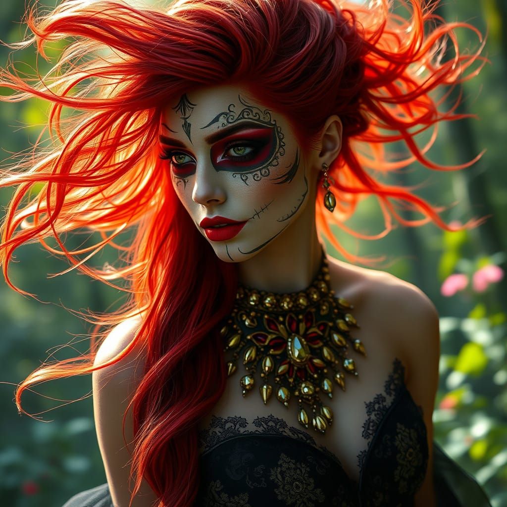 Ethereal Gothic Goddess with Fiery Red Hair and Enchanted Wo...