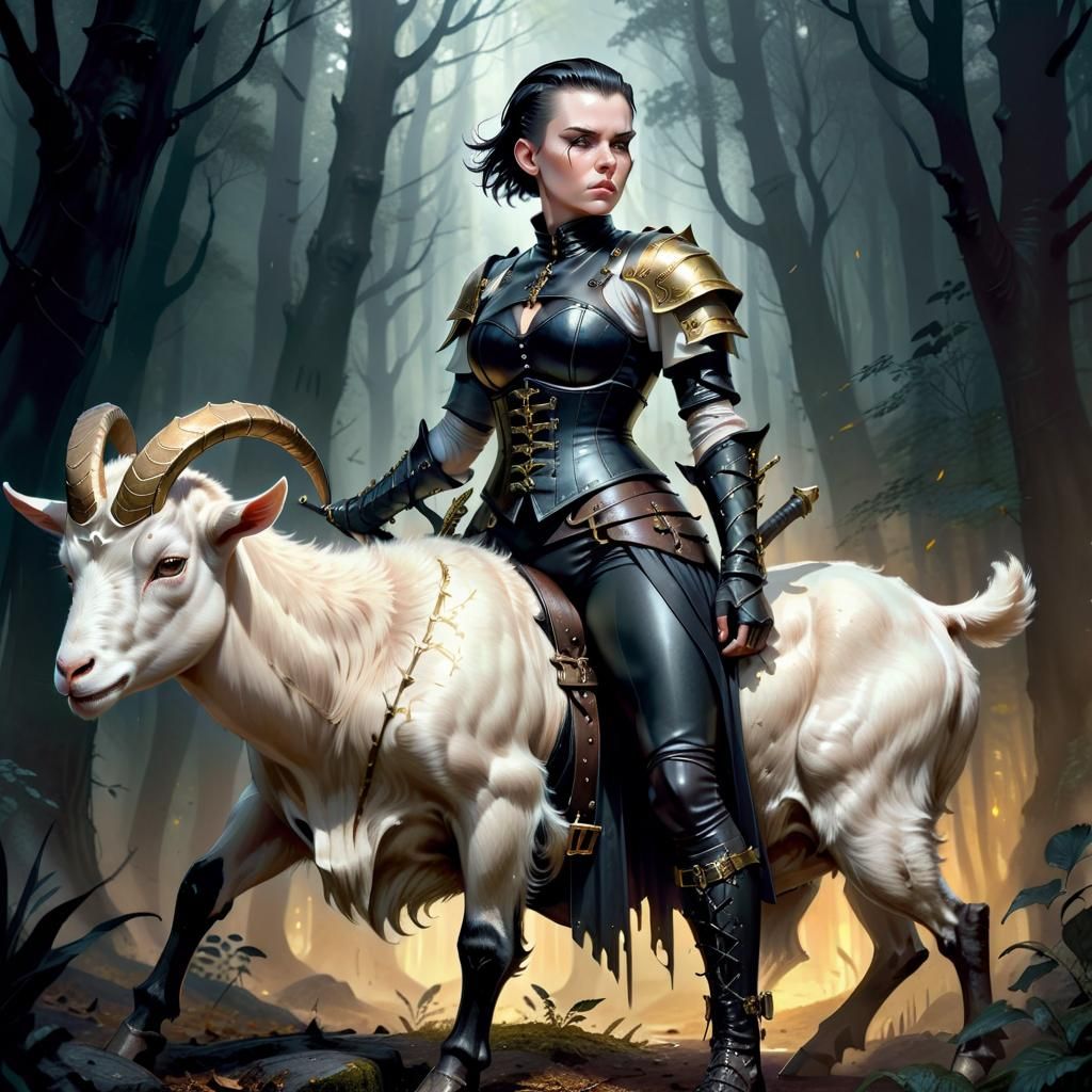 Female Cleric Riding Goat in Misty Forest