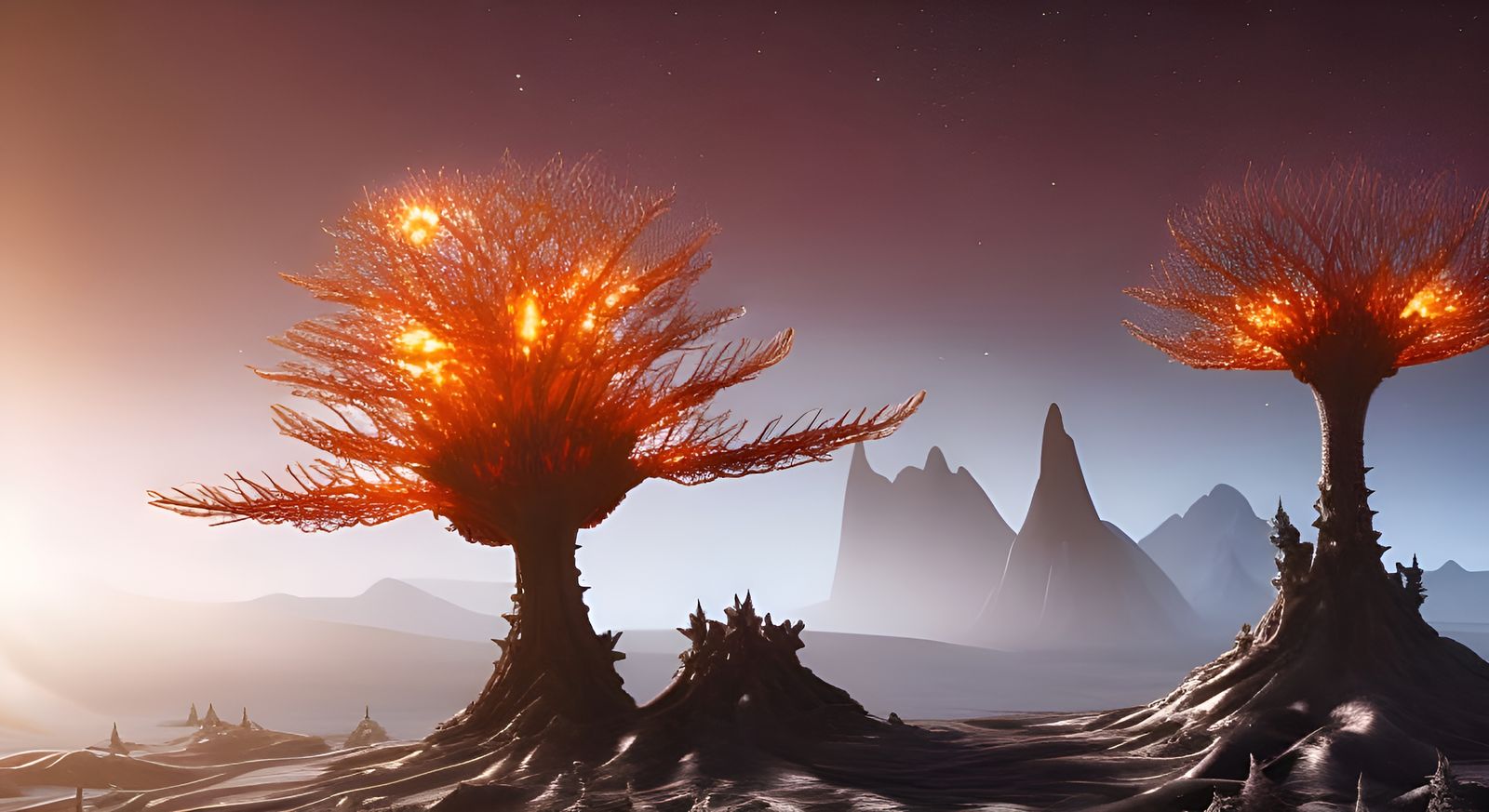 Exoplanet Landscape: Alien Sakura Tree Under Twin Suns