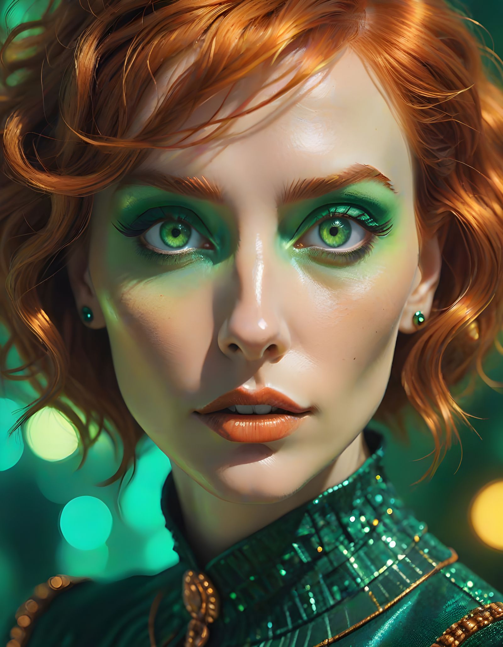 Ethereal Woman in Emerald Hues, Copper Tresses, and Deco Eye...