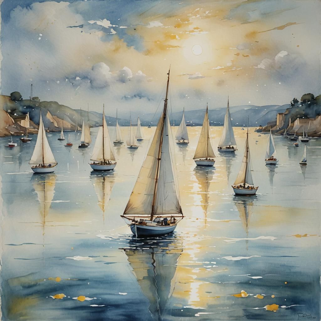 Impressionistic Sailboats in Watercolour and Chalk