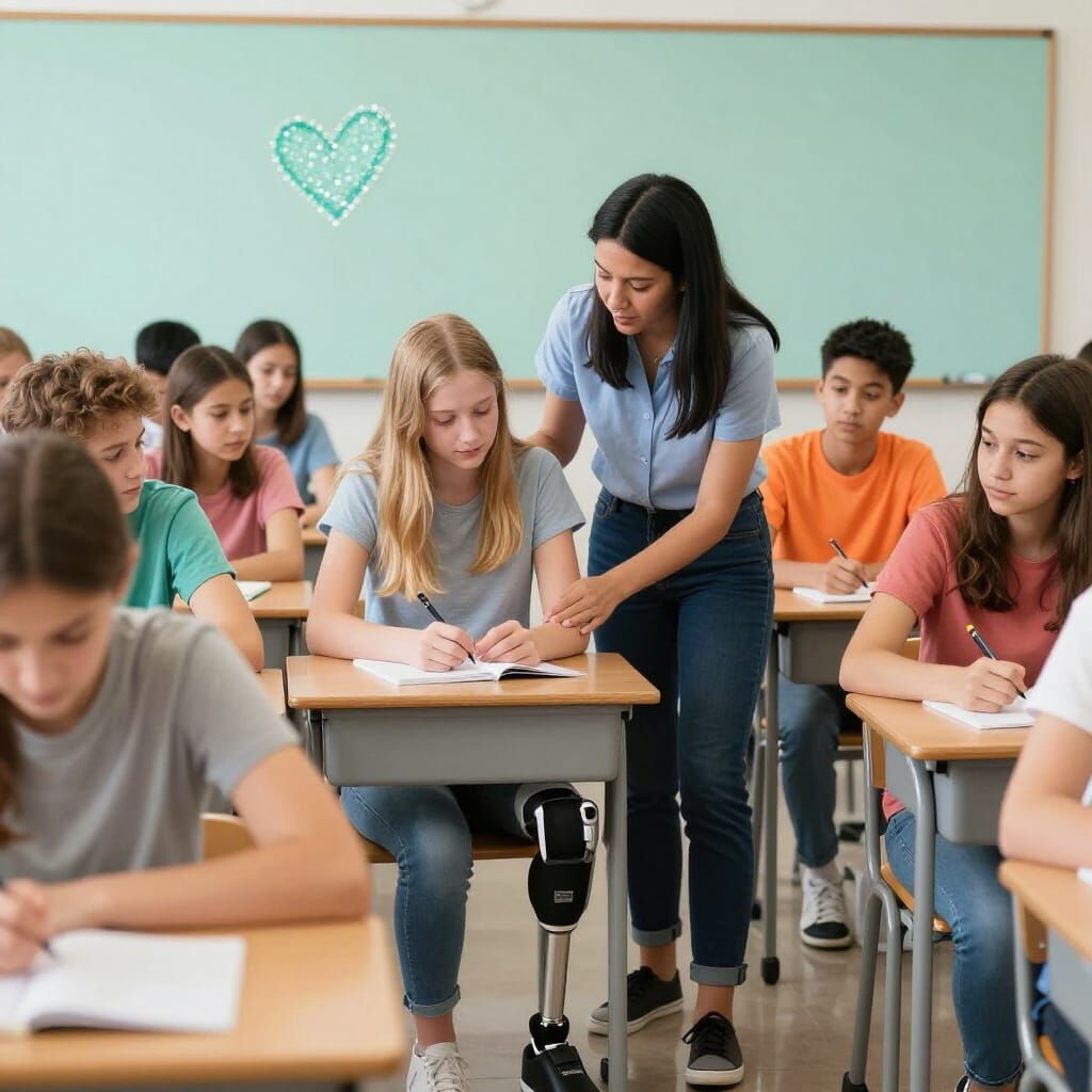 Inclusive Classroom Scene with Teacher Assisting Student