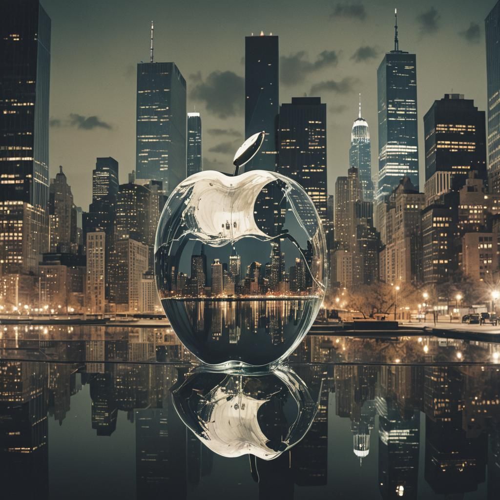 Manhattan Skyline Reflected with Apple, Double Exposure