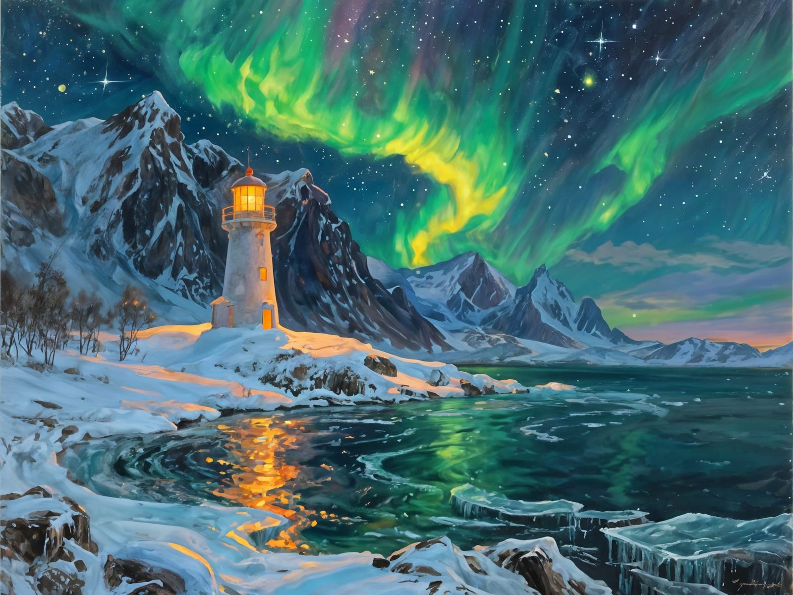 Majestic Lighthouse Beacon on Snowy Shore Under Aurora