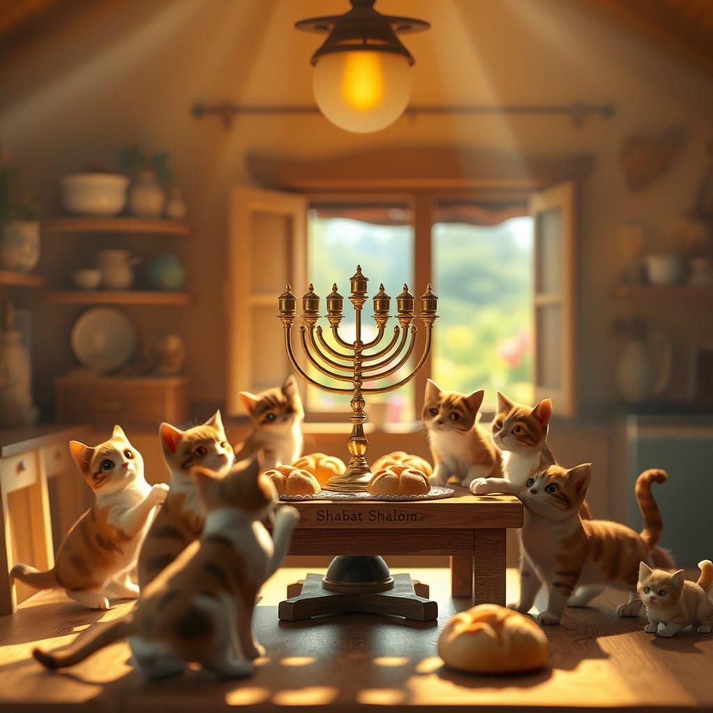 Whimsical Miniature Cat World in Warm Rustic Kitchen Setting