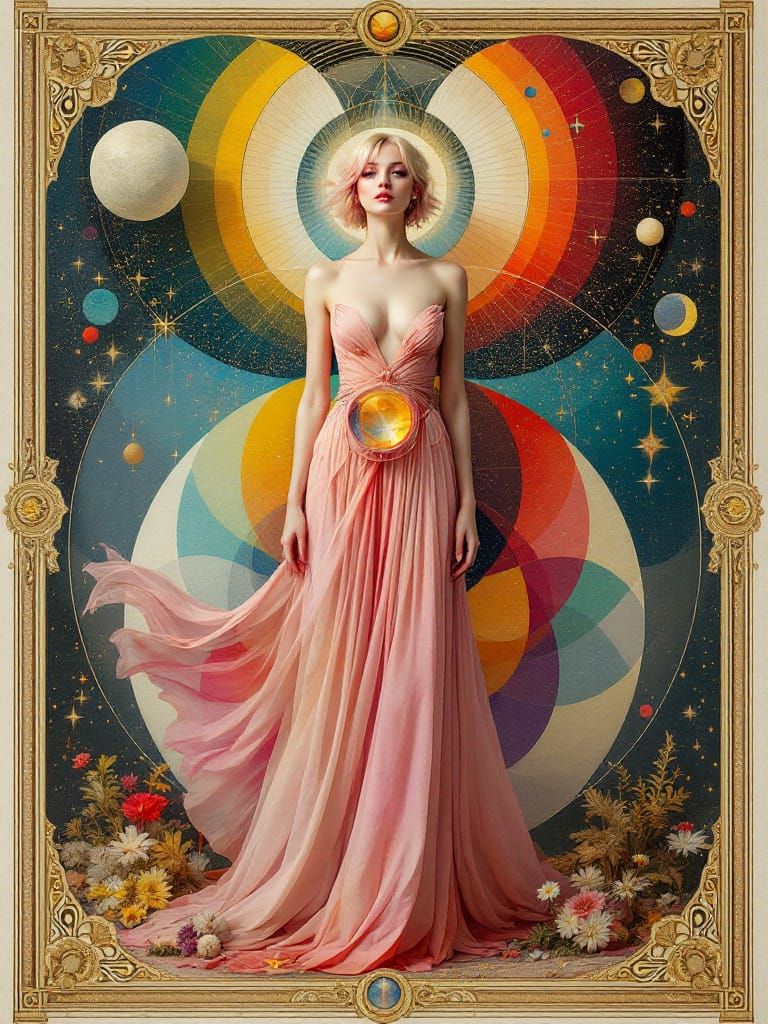 Cosmic Pin-Up Woman in Alchemical Tarot Vision