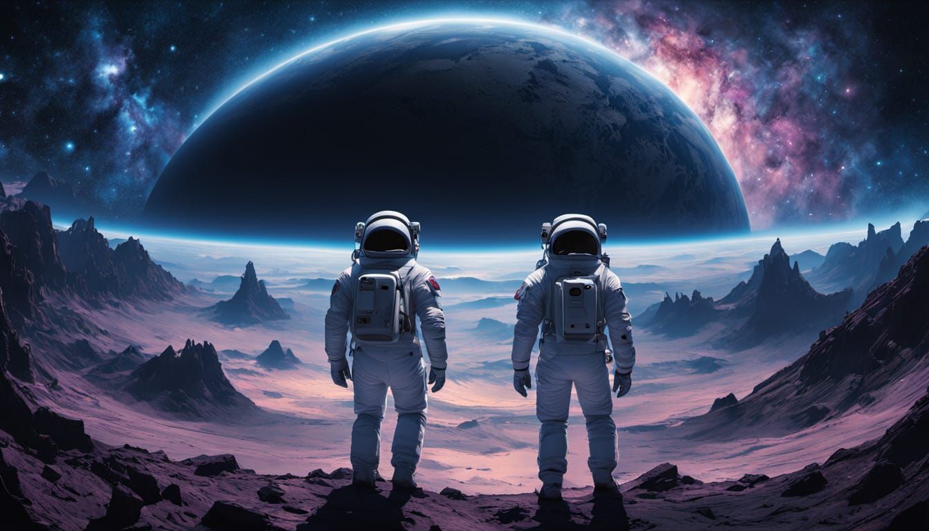 Two Astronauts Dancing in Space, Inspired by Syd Mead and Va...