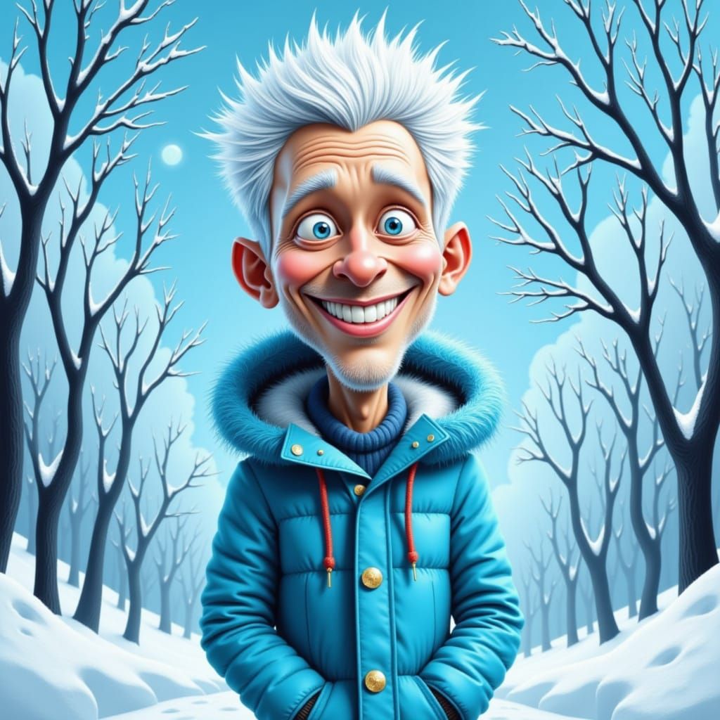 Frosty Winter Man with Icicle Hair in Stormy Scene