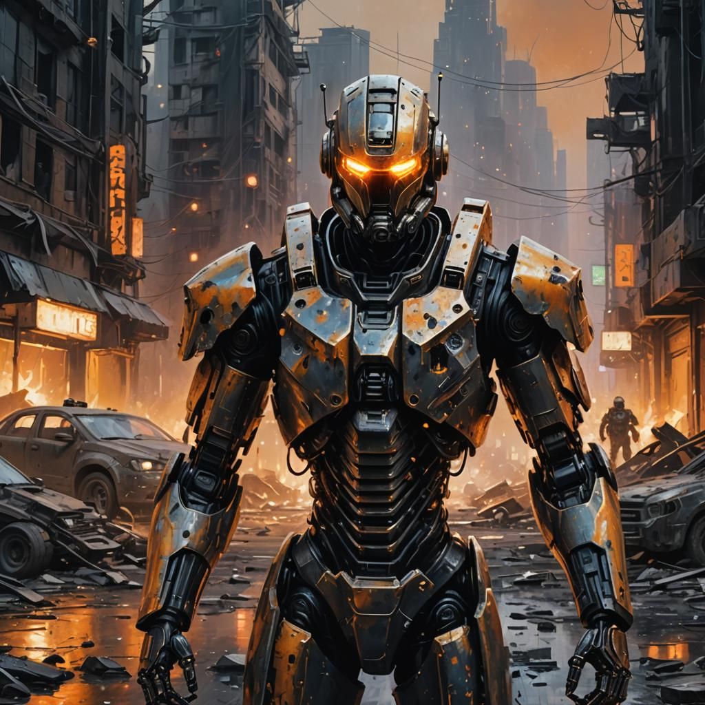 Cybernetic Soldier in Warzone as Oil Painting