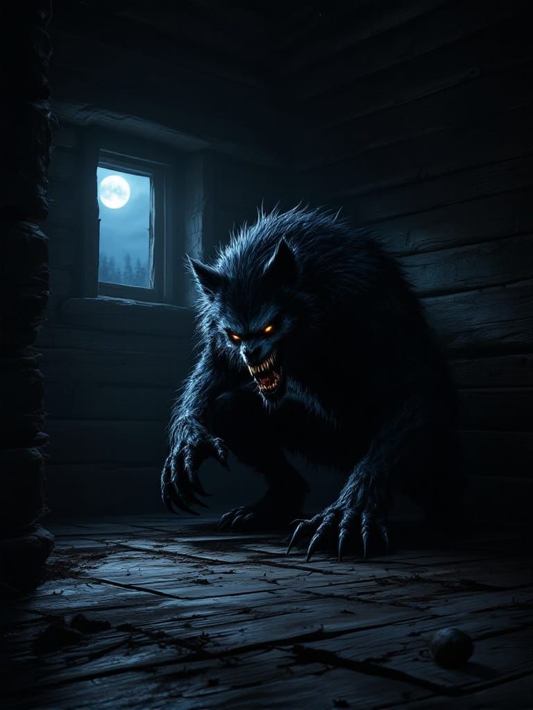 Menacing Werewolf in Gothic Cabin Illustration